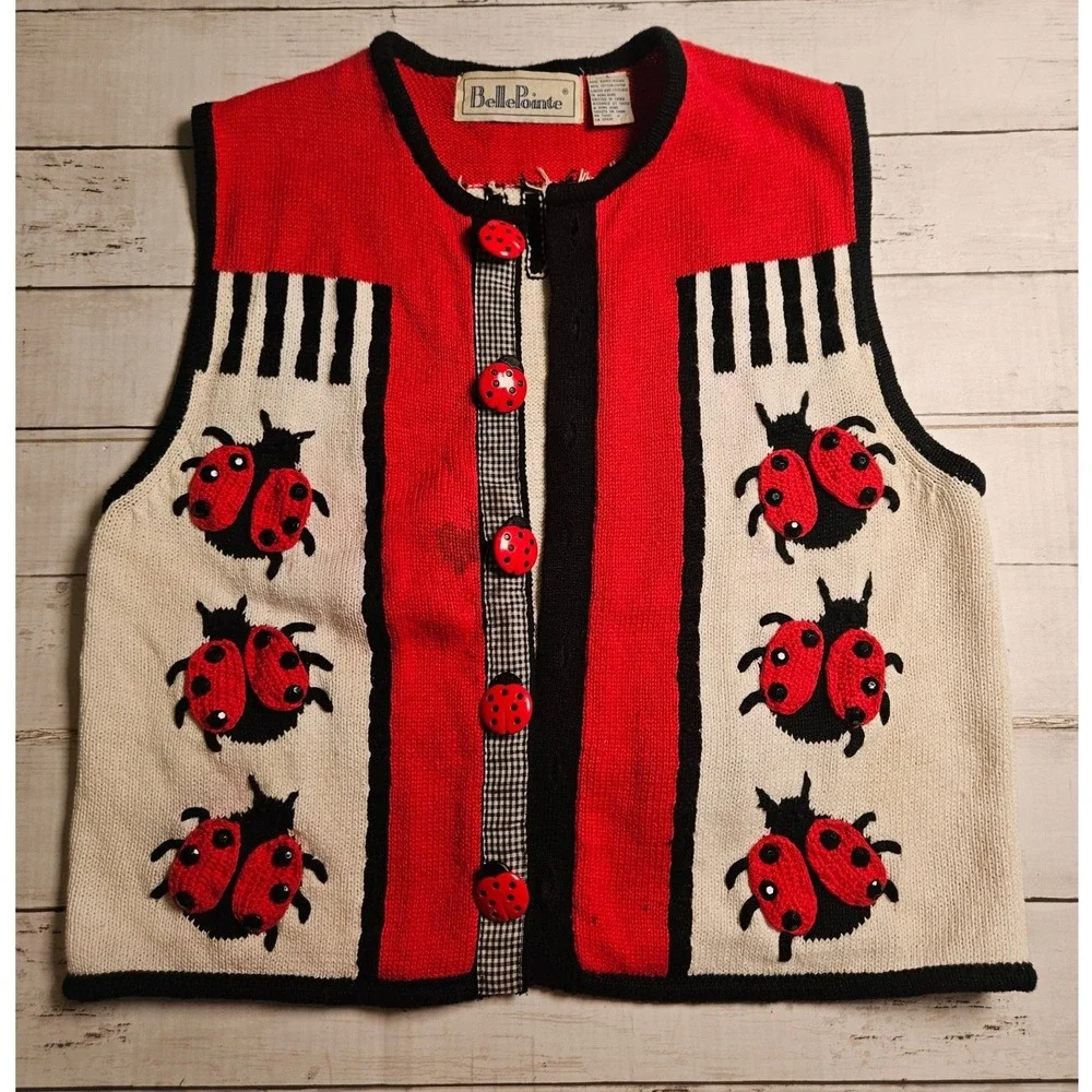BellePointe Vintage Ladybug Knit Vest Red Cream Black Crochet Buttons Small - Picture 1 of 11